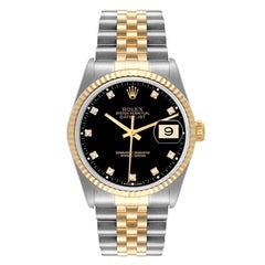 Rolex Datejust Steel Yellow Gold Black Diamond Dial Mens Watch 16233
