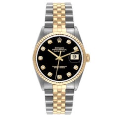 Rolex Datejust Steel Yellow Gold Black Diamond Dial Mens Watch 16233
