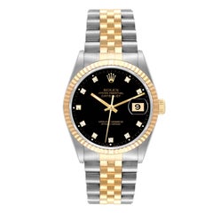 Rolex Datejust Steel Yellow Gold Black Diamond Dial Mens Watch 16233