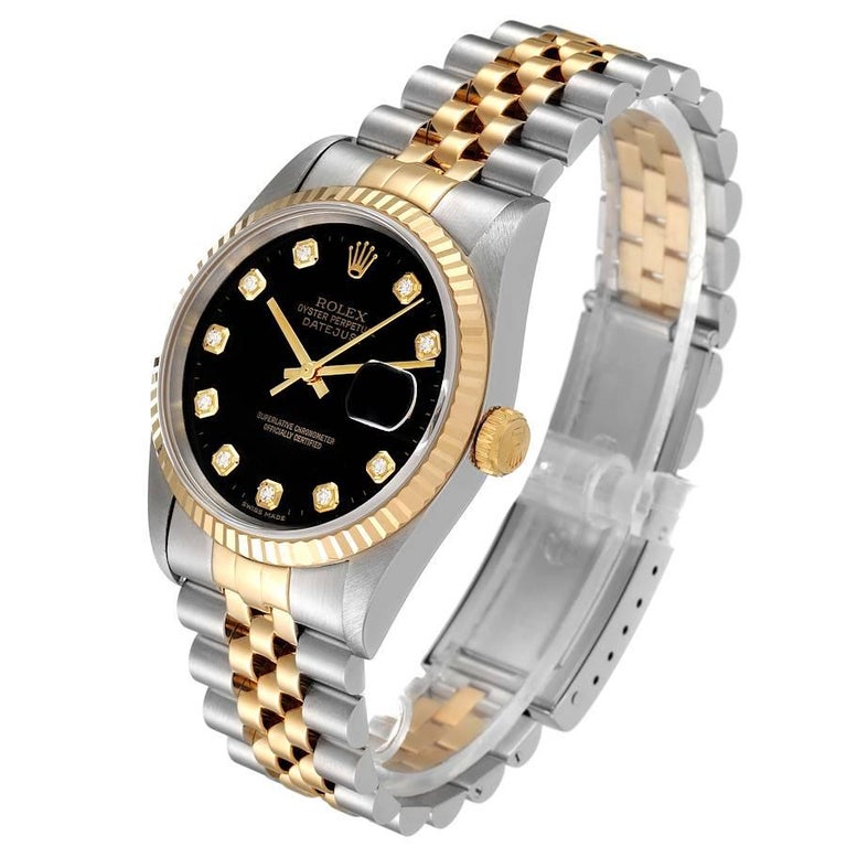 Rolex Datejust Steel Yellow Gold Black Diamond Dial Mens Watch 16233 In Excellent Condition In Atlanta, GA