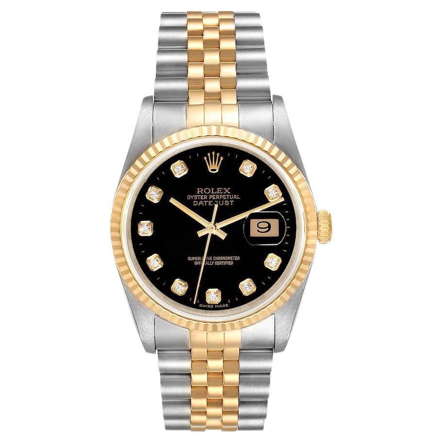 Rolex Datejust Steel Yellow Gold Black Diamond Dial Mens Watch 16233 For Sale