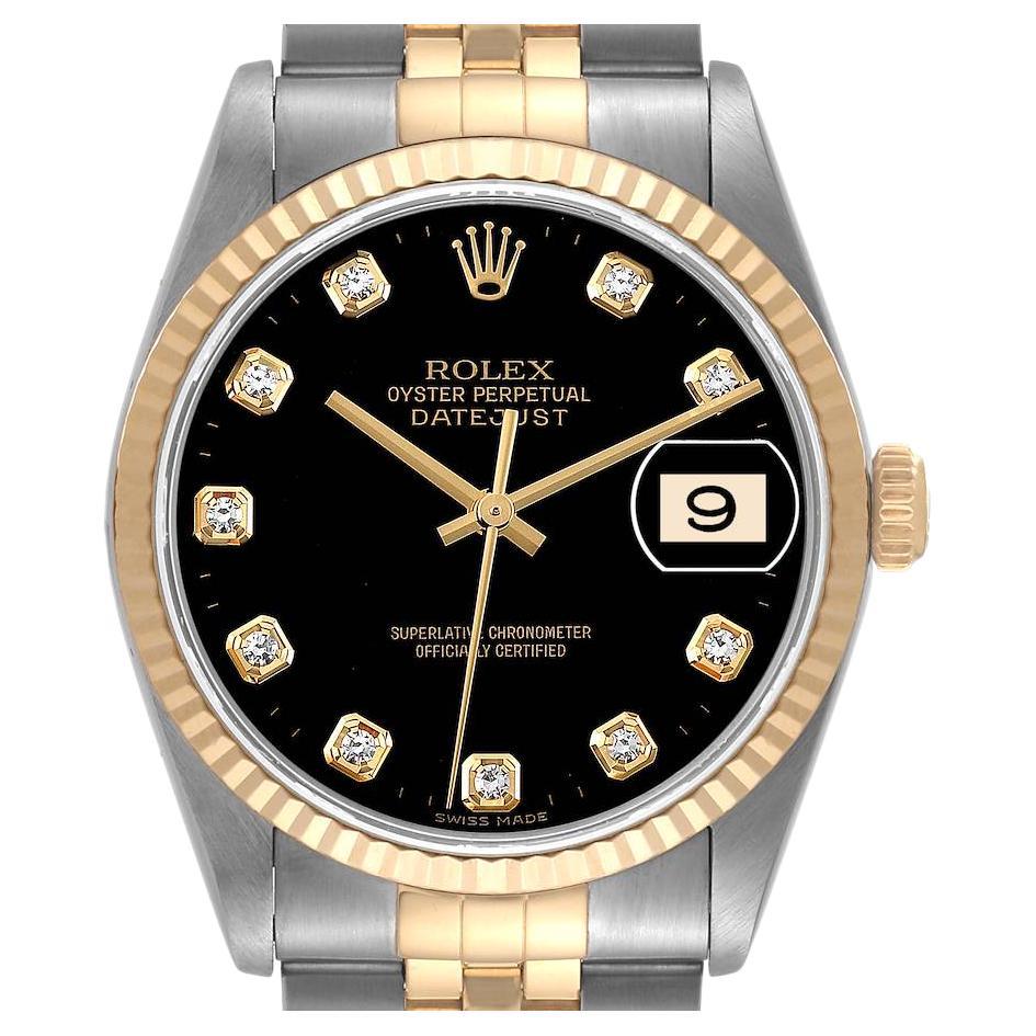 Rolex Datejust Steel Yellow Gold Black Diamond Dial Mens Watch 16233