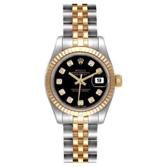 Rolex Datejust Steel Yellow Gold Black Diamond Dial Watch 179173 Box Papers