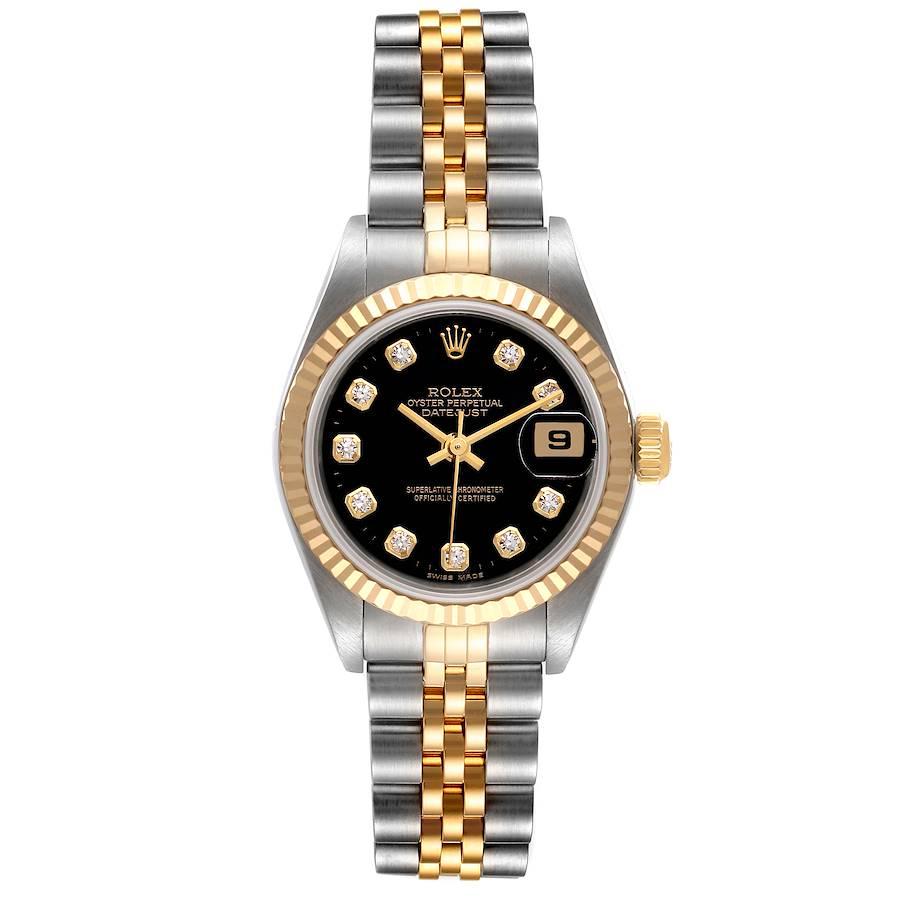 Rolex Datejust Steel Yellow Gold Black Diamond Dial Watch 79173 Box Papers. Officially certified chronometer self-winding movement. Stainless steel oyster case 26 mm in diameter. Rolex logo on a 18K yellow gold crown. 18k yellow gold fluted bezel.