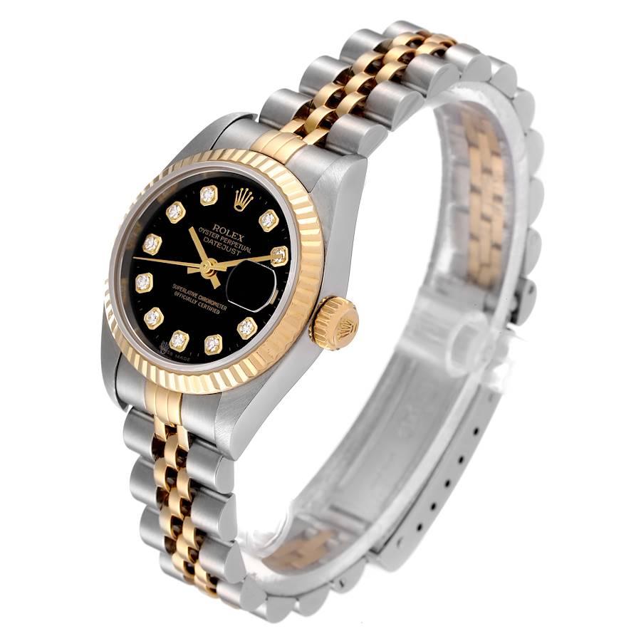 Women's Rolex Datejust Steel Yellow Gold Black Diamond Dial Watch 79173 Box Papers