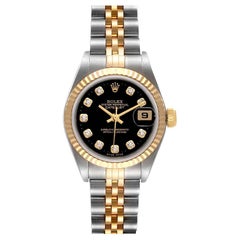 Rolex Datejust Steel Yellow Gold Black Diamond Dial Watch 79173 Box Papers