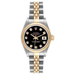 Rolex Datejust Steel Yellow Gold Black Diamond Dial Watch 79173 Box Papers