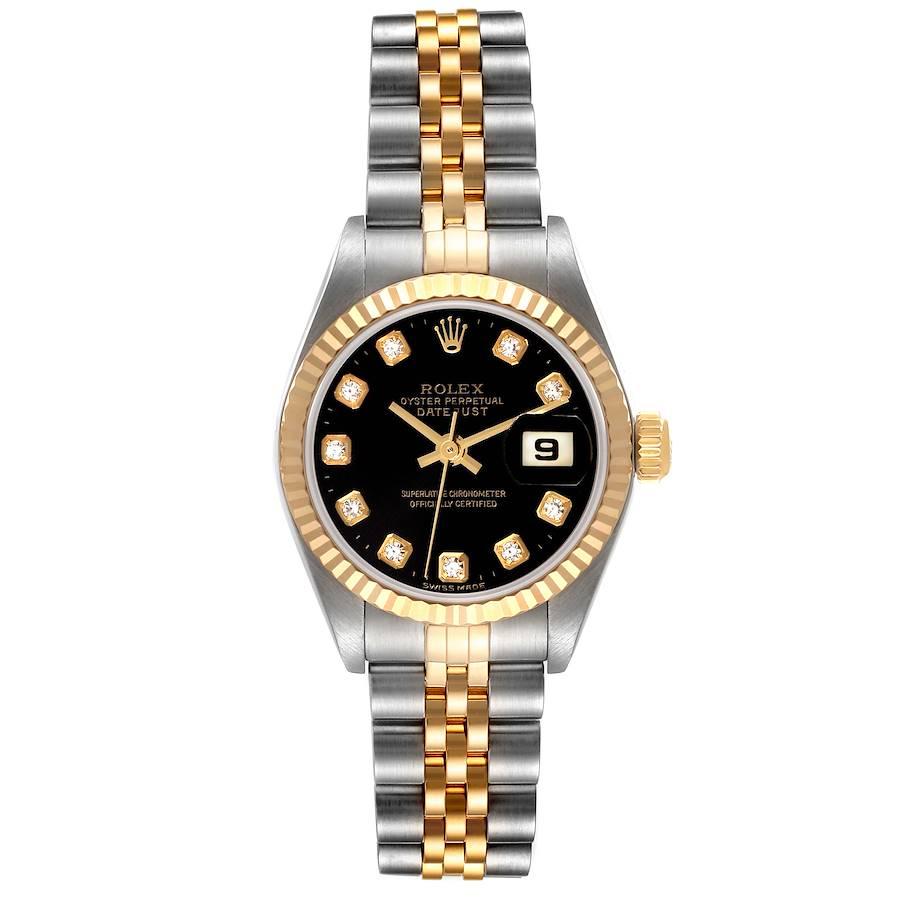 Rolex Datejust Steel Yellow Gold Black Diamond Dial Watch 79173. Officially certified chronometer self-winding movement. Stainless steel oyster case 26.0 mm in diameter. Rolex logo on an 18K yellow gold crown. 18k yellow gold fluted bezel. Scratch
