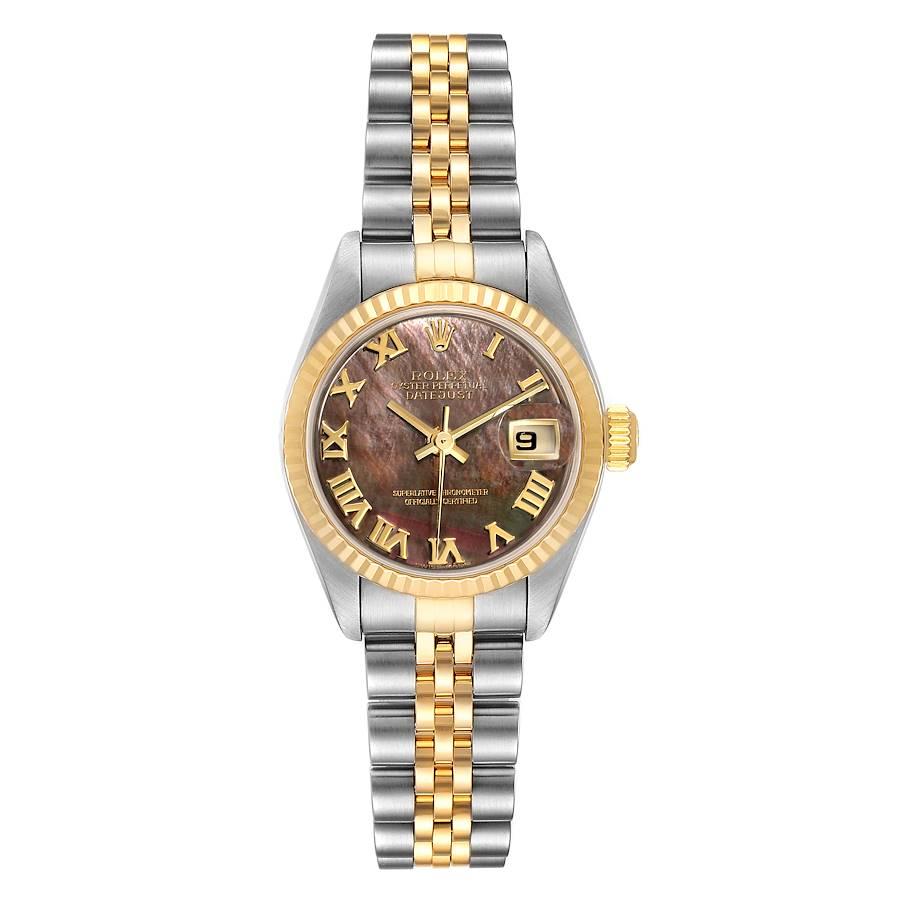 Rolex Datejust Steel Yellow Gold Black MOP Ladies Watch 79173 Box Papers. Officially certified chronometer self-winding movement with quickset date function. Stainless steel oyster case 26 mm in diameter. Rolex logo on a 18K yellow gold crown. 18k