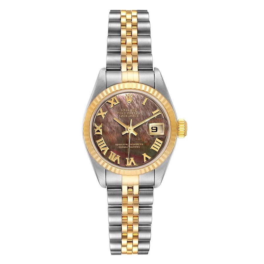 Rolex Datejust Steel Yellow Gold Black MOP Roman Dial Ladies Watch 79173. Officially certified chronometer self-winding movement with quickset date function. Stainless steel oyster case 26 mm in diameter. Rolex logo on a 18K yellow gold crown. 18k