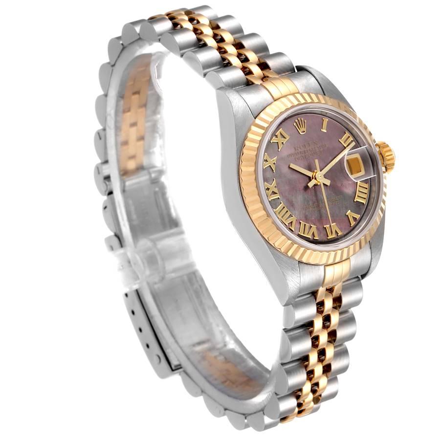 Rolex Datejust Steel Yellow Gold Black MOP Roman Dial Ladies Watch 79173 In Excellent Condition For Sale In Atlanta, GA