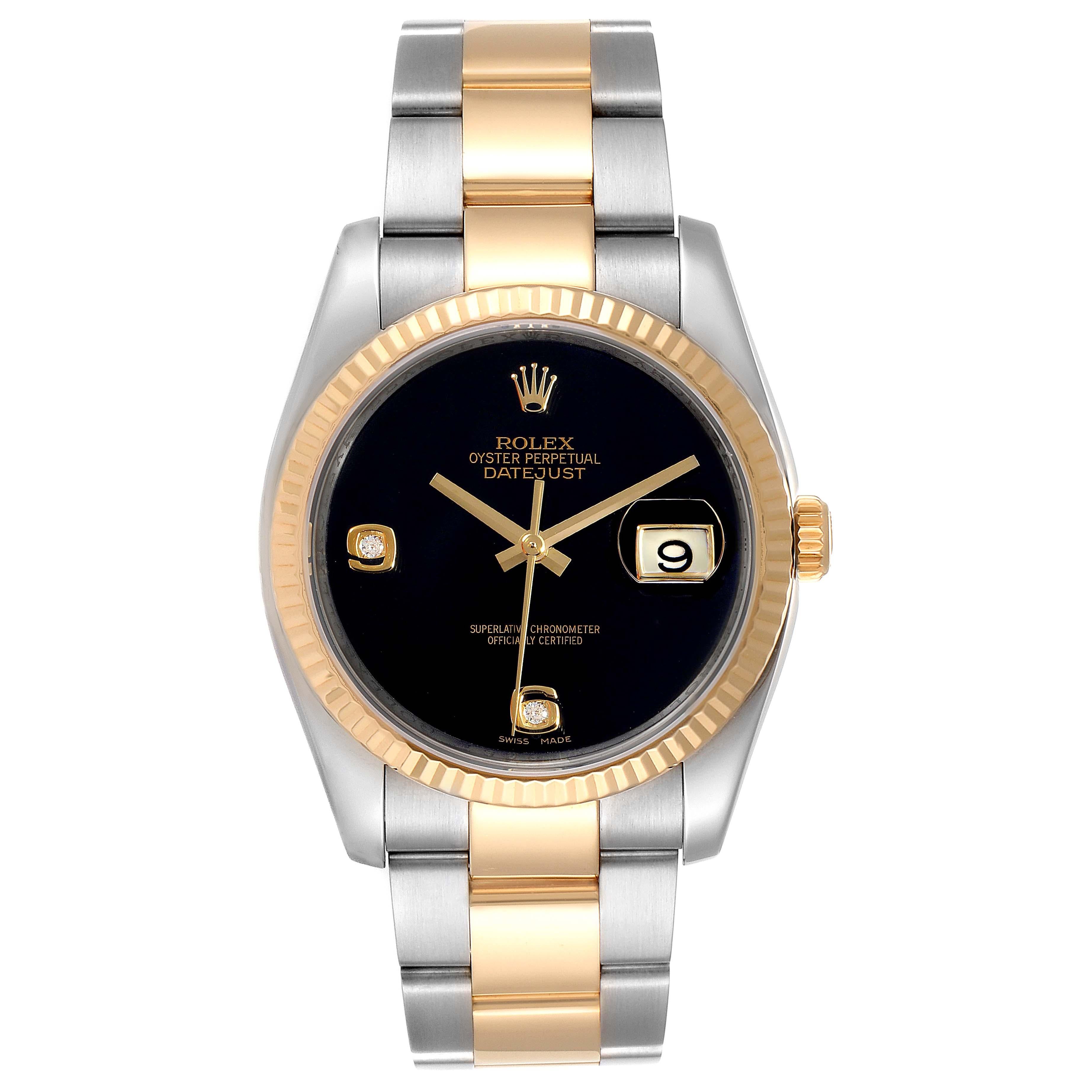 Rolex Datejust Stahl Gelbgold Schwarz Onyx Diamant Herrenuhr 116233. Offiziell zertifiziertes Chronometerwerk mit automatischem Aufzug. Gehäuse aus Edelstahl mit einem Durchmesser von 36.0 mm. Rolex Logo auf einer Krone. Geriffelte Lünette aus 18