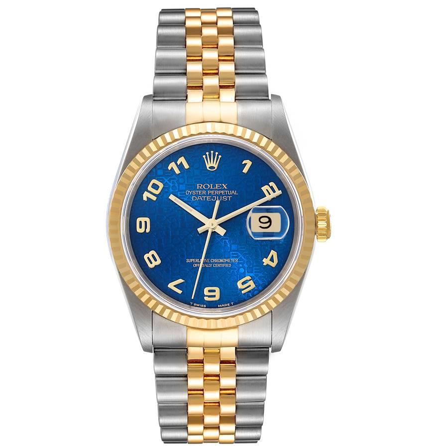 Rolex Datejust Stahl Gelbgold Blau Anniversary Dial Herrenuhr 16233. Offiziell zertifiziertes Chronometerwerk mit automatischem Aufzug. Gehäuse aus Edelstahl mit einem Durchmesser von 36 mm. Rolex-Logo auf einer Krone aus 18 Karat Gelbgold. 18k