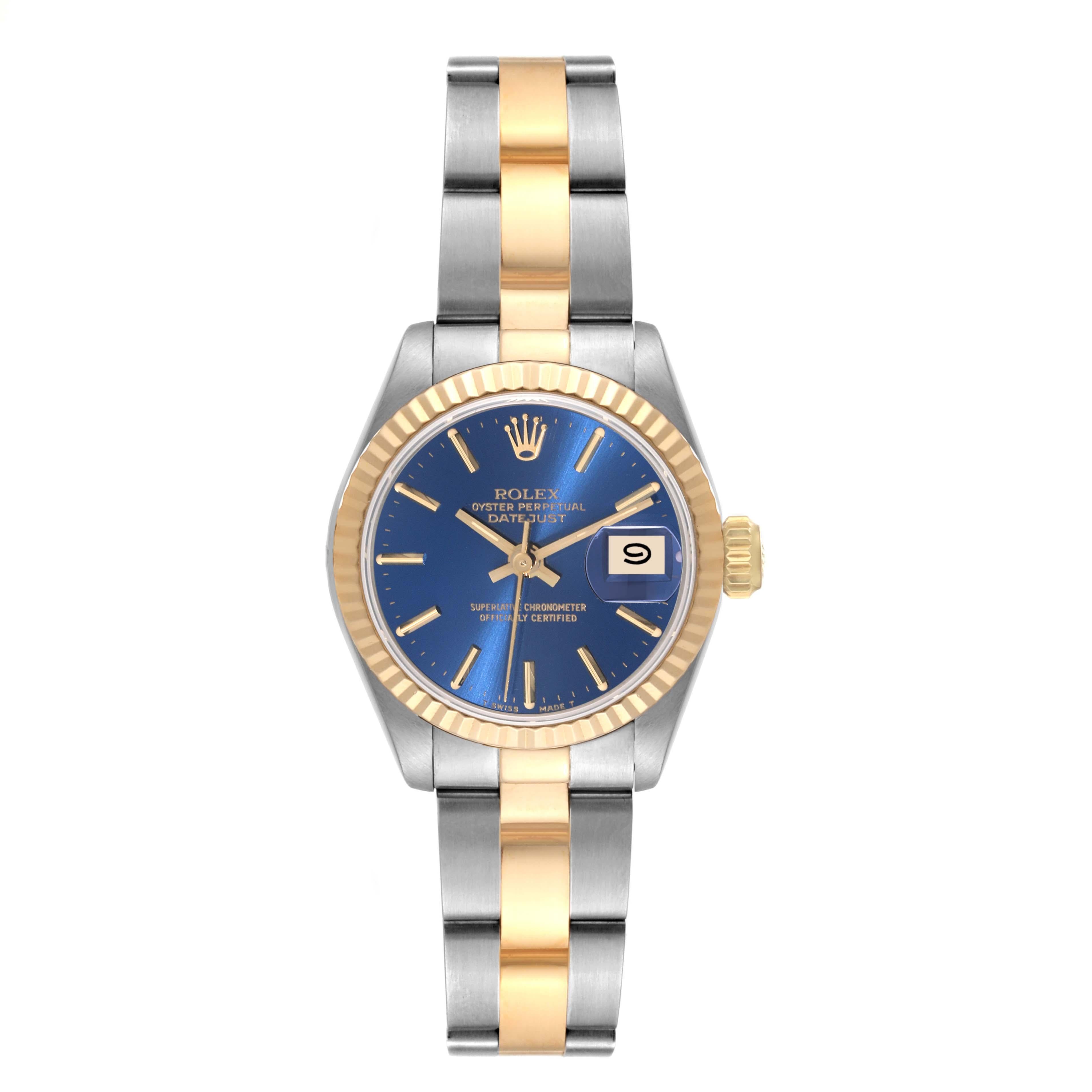 Rolex Datejust Steel Yellow Gold Blue Dial Ladies Watch 69173 Box Papers. Officially certified chronometer automatic self-winding movement. Stainless steel oyster case 26.0 mm in diameter. Rolex logo on the crown. 18k yellow gold fluted bezel.