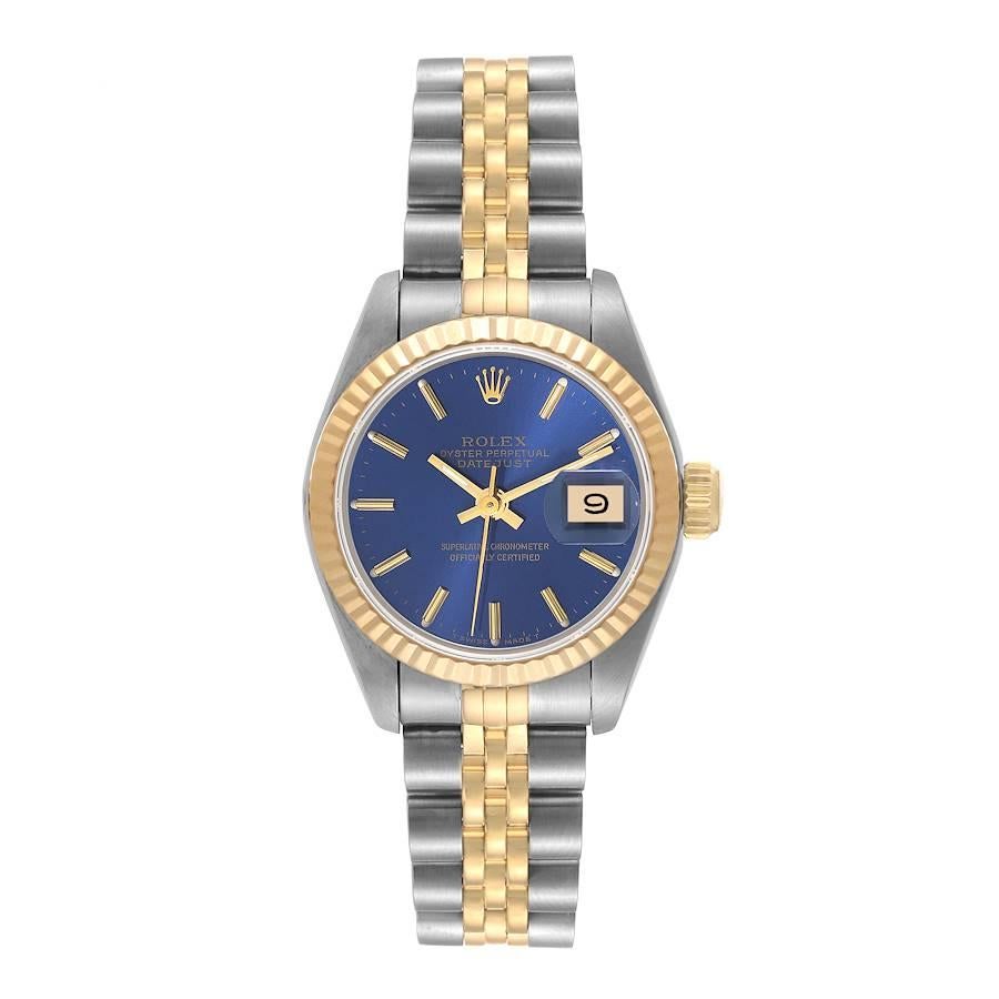 Rolex Datejust Steel Yellow Gold Blue Dial Ladies Watch 69173. Officially certified chronometer automatic self-winding movement. Stainless steel oyster case 26.0 mm in diameter. Rolex logo on the crown. 18k yellow gold fluted bezel. Scratch