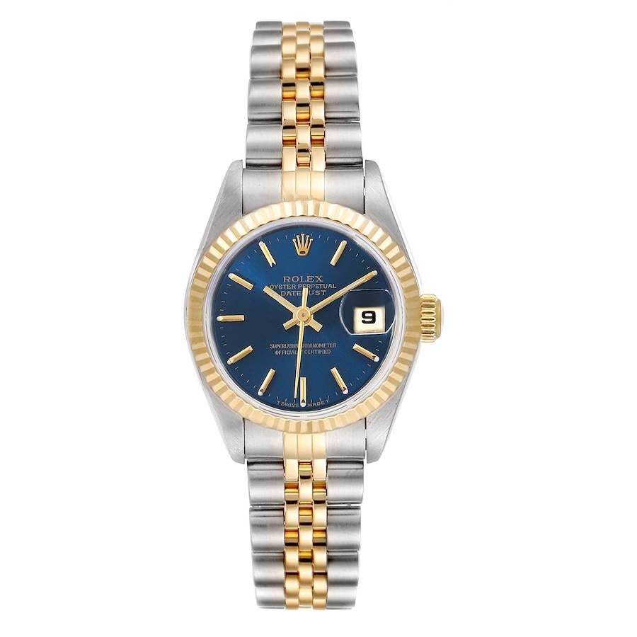 Rolex Datejust Steel Yellow Gold Blue Dial Ladies Watch 79173. Officially certified chronometer self-winding movement. Stainless steel oyster case 26 mm in diameter. Rolex logo on a 18K yellow gold crown. 18k yellow gold fluted bezel. Scratch