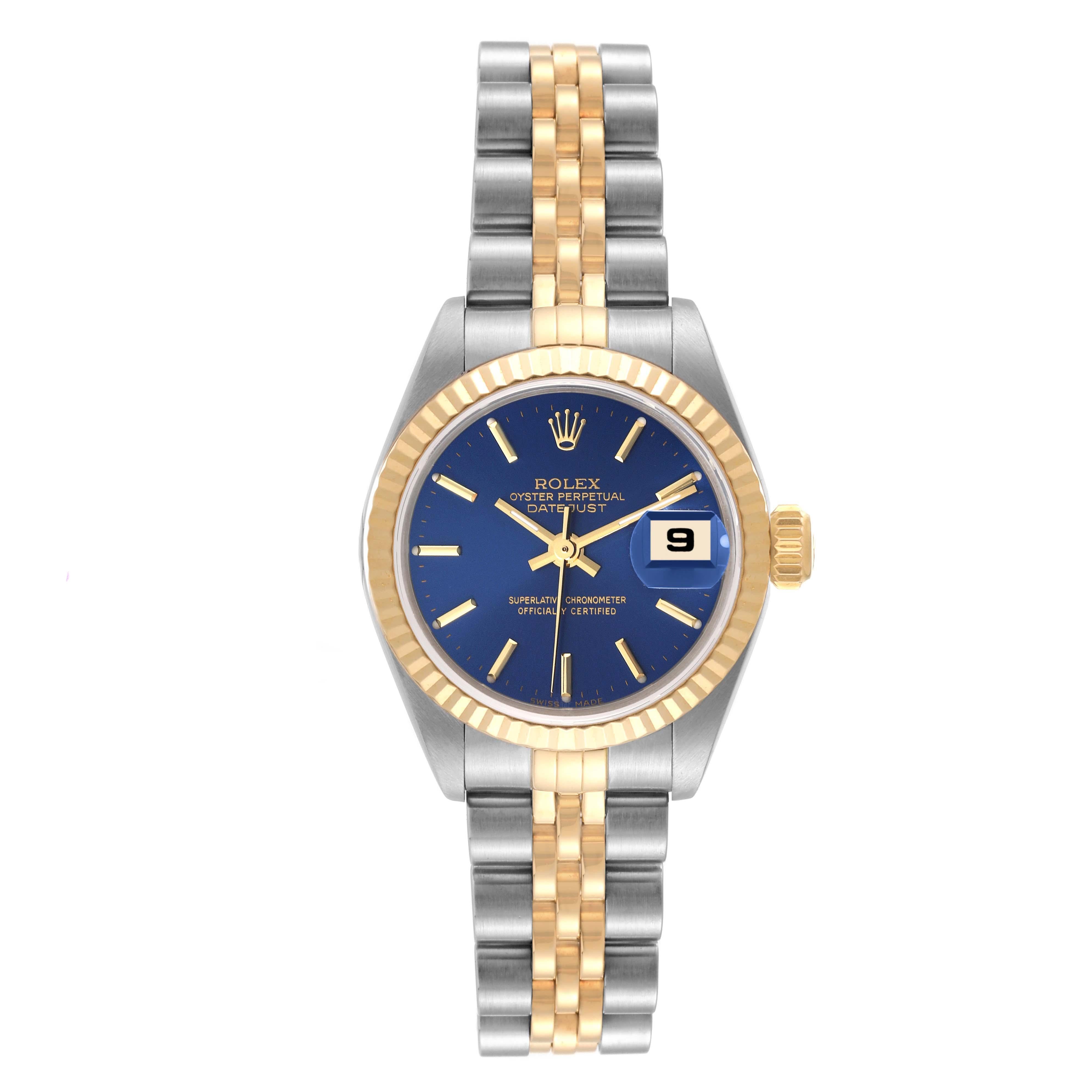Rolex Datejust Stahl Gelbgold Blau Zifferblatt Damenuhr 79173. Offiziell zertifiziertes Chronometerwerk mit automatischem Aufzug. Austerngehäuse aus Edelstahl mit einem Durchmesser von 26.0 mm. Rolex-Logo auf einer Krone aus 18 Karat Gelbgold. 18k