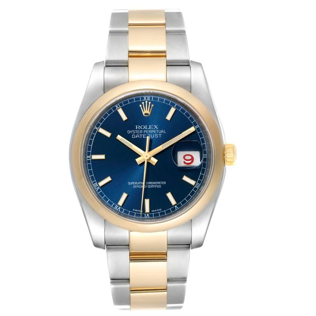 Rolex Datejust Steel Yellow Gold Blue Dial Mens Watch 116203 Box Card. Officially certified chronometer automatic self-winding movement. Stainless steel case 36.0 mm in diameter.Rolex logo on a crown. 18k yellow gold smooth bezel. Scratch resistant