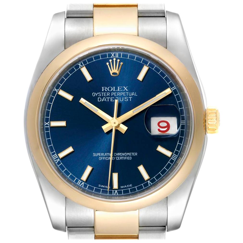 Rolex Datejust Steel Yellow Gold Blue Dial Men's Watch 116203 Box Card For Sale