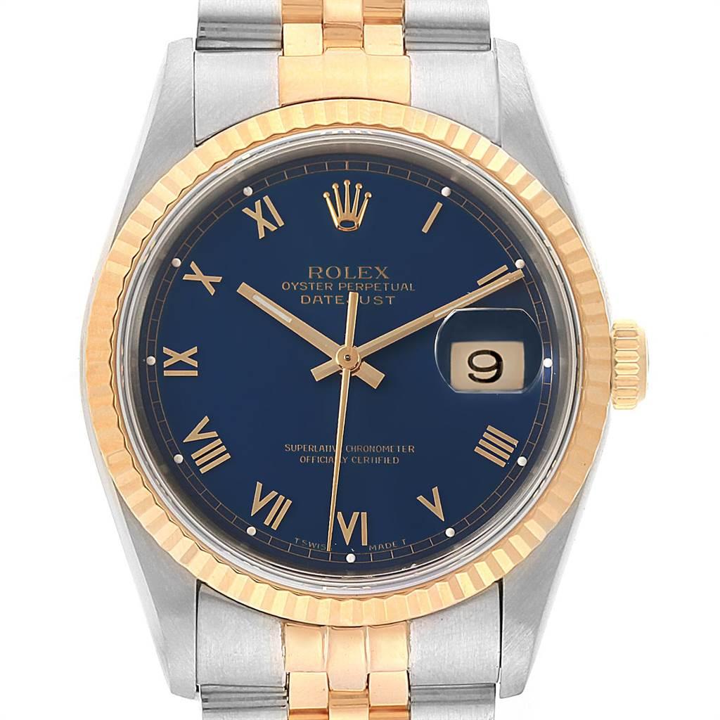Rolex Datejust Steel 18K Yellow Gold Blue Dial Mens Watch 16233. Officially certified chronometer self-winding movement. Stainless steel case 36.0 mm in diameter. Rolex logo on a 18K yellow gold crown. 18k yellow gold fluted bezel. Scratch resistant