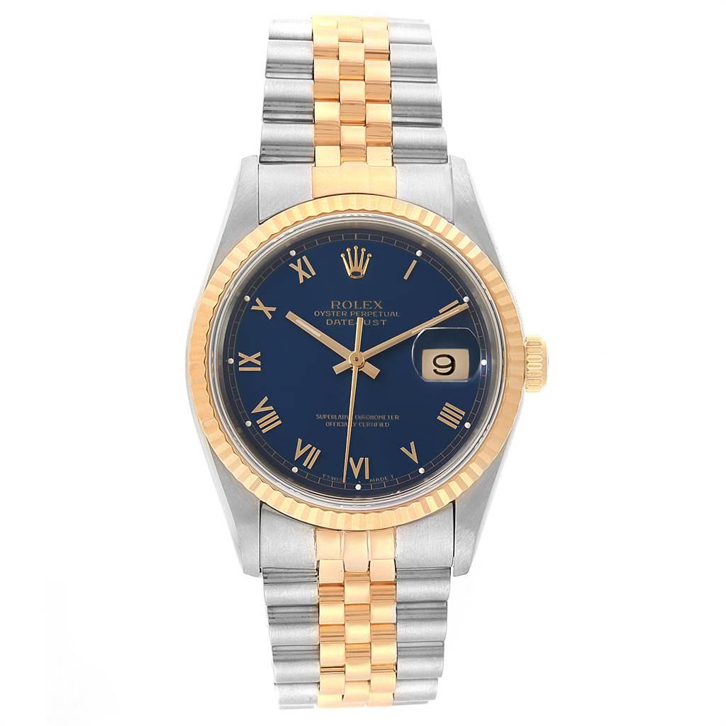 Rolex Datejust Steel Yellow Gold Blue Dial Men's Watch 16233 Box Papers In Good Condition In Atlanta, GA