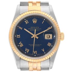 Rolex Datejust Steel Yellow Gold Blue Dial Men's Watch 16233 Box Papers