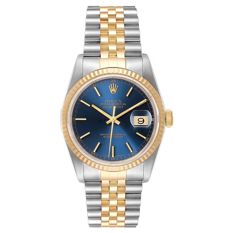 Rolex Datejust Steel Yellow Gold Blue Dial Mens Watch 16233. Officially certified chronometer self-winding movement. Stainless steel case 36 mm in diameter. Rolex logo on a 18K yellow gold crown. 18k yellow gold fluted bezel. Scratch resistant