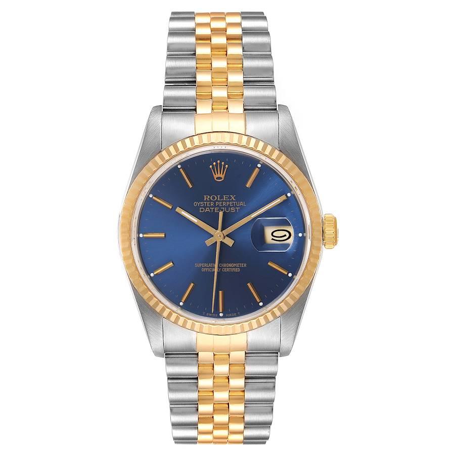 Rolex Datejust Steel Yellow Gold Blue Dial Mens Watch 16233. Officially certified chronometer self-winding movement. Stainless steel case 36 mm in diameter.  Rolex logo on a 18K yellow gold crown. 18k yellow gold fluted bezel. Scratch resistant