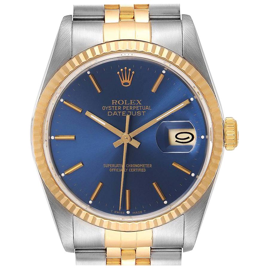 Rolex Datejust Steel Yellow Gold Blue Dial Mens Watch 16233 For Sale