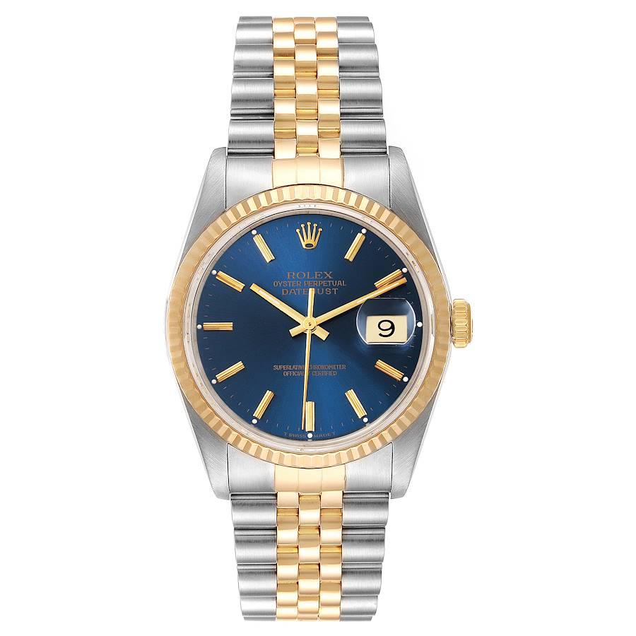 Rolex Datejust Steel Yellow Gold Blue Dial Mens Watch 16233 Papers. Officially certified chronometer self-winding movement. Stainless steel case 36 mm in diameter. Rolex logo on a 18K yellow gold crown. 18k yellow gold fluted bezel. Scratch