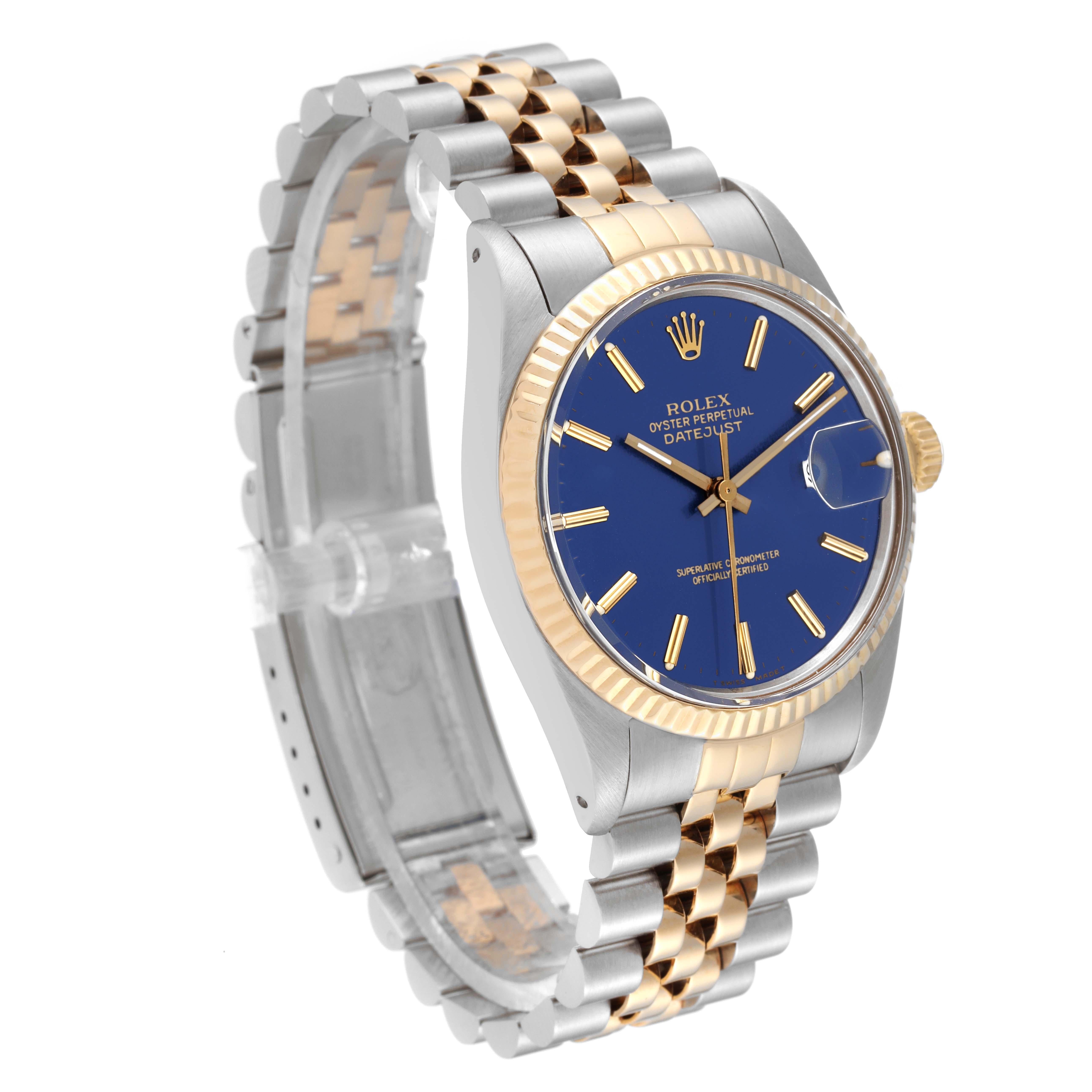 Rolex Datejust Steel Yellow Gold Blue Dial Vintage Mens Watch 16013 Box Papers In Good Condition In Atlanta, GA