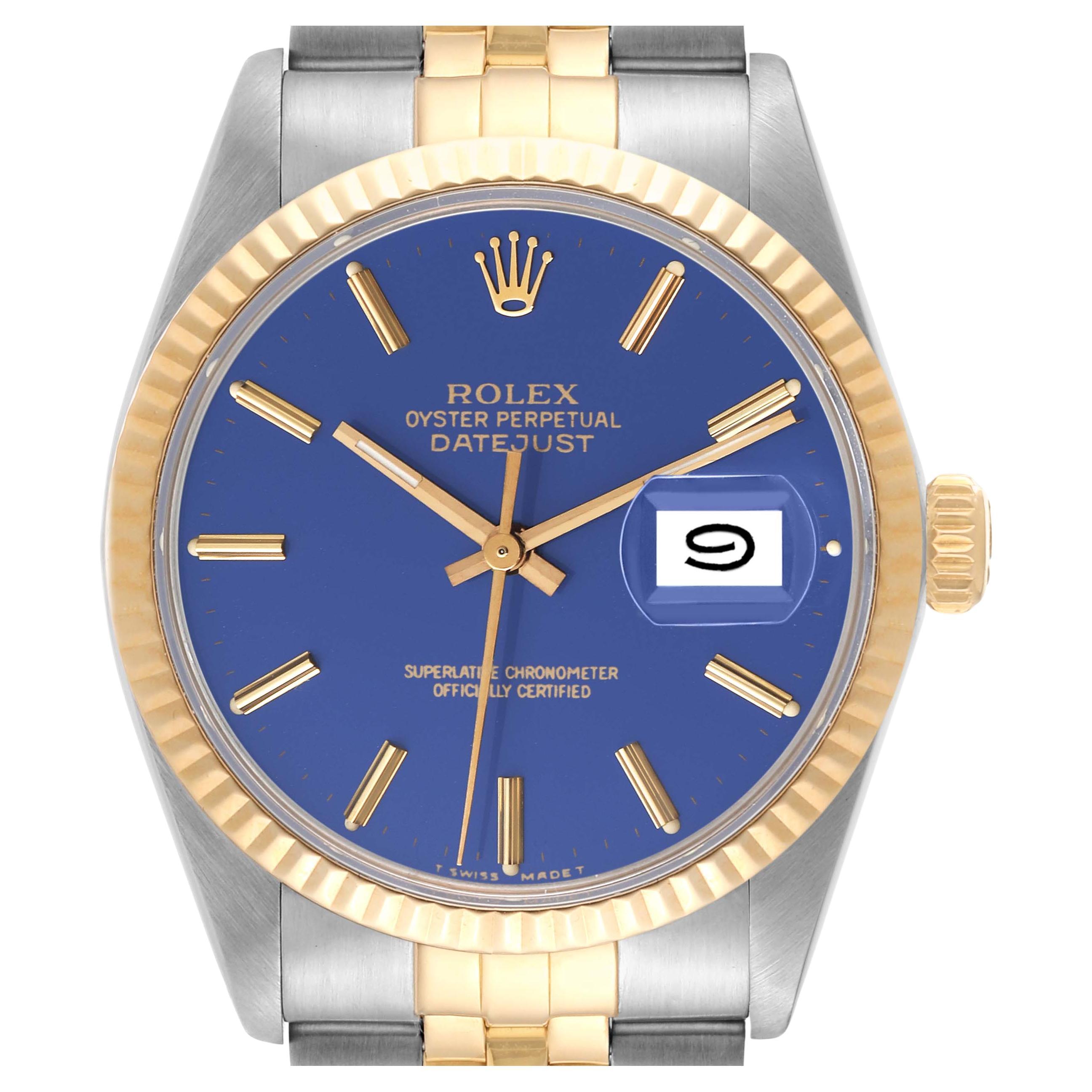 Rolex Datejust Steel Yellow Gold Blue Dial Vintage Mens Watch 16013 Box Papers