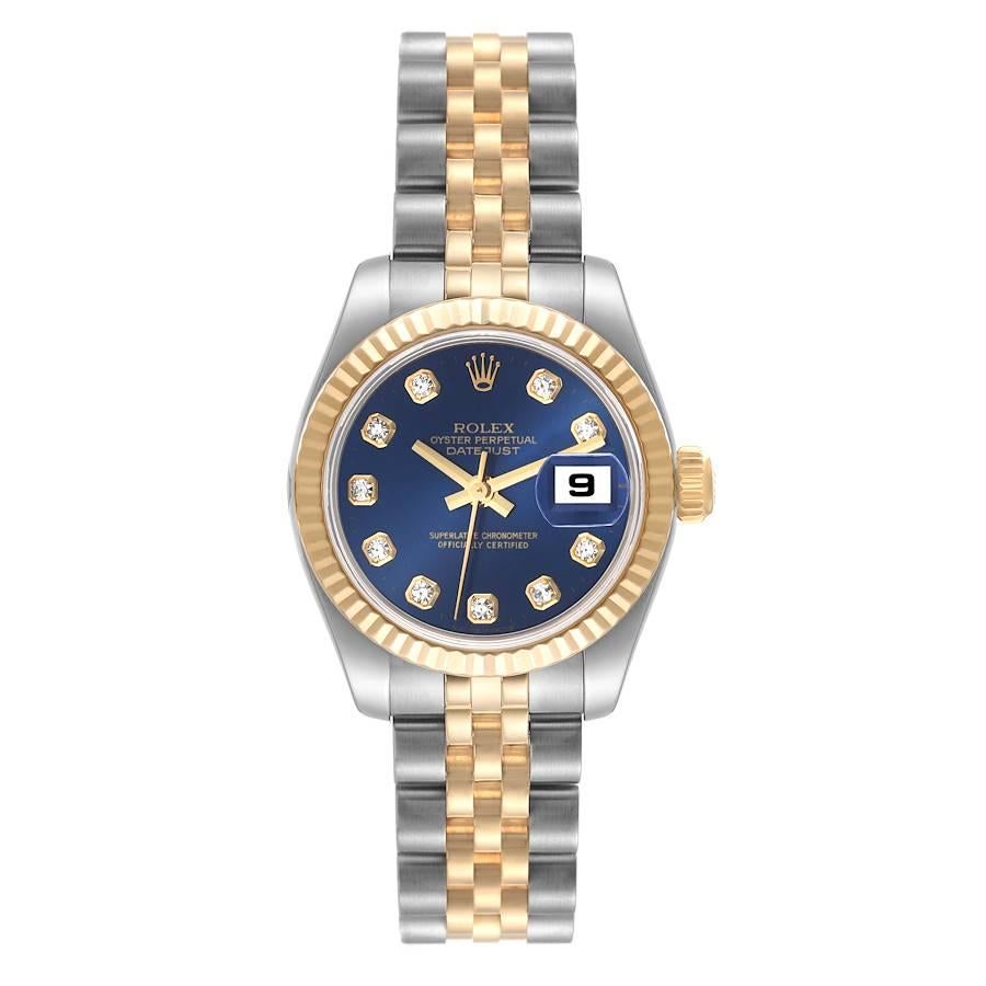 Rolex Datejust Steel Yellow Gold Blue Diamond Dial Ladies Watch 179173. Mouvement automatique à remontage automatique, officiellement certifié chronomètre. Boîtier oyster en acier inoxydable de 26 mm de diamètre. Logo Rolex sur une couronne en or