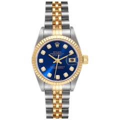 Rolex Datejust Steel Yellow Gold Blue Diamond Dial Ladies Watch 69173