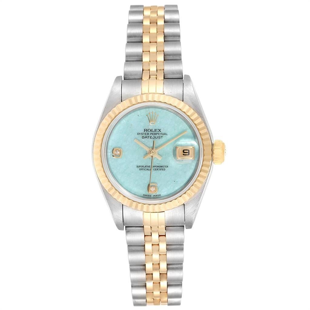 Rolex Datejust Steel Yellow Gold Blue Jadeite Diamond Ladies Watch 79173. Officially certified chronometer self-winding movement. Stainless steel oyster case 26.0 mm in diameter. Rolex logo on a crown. 18k yellow gold fluted bezel. Scratch resistant