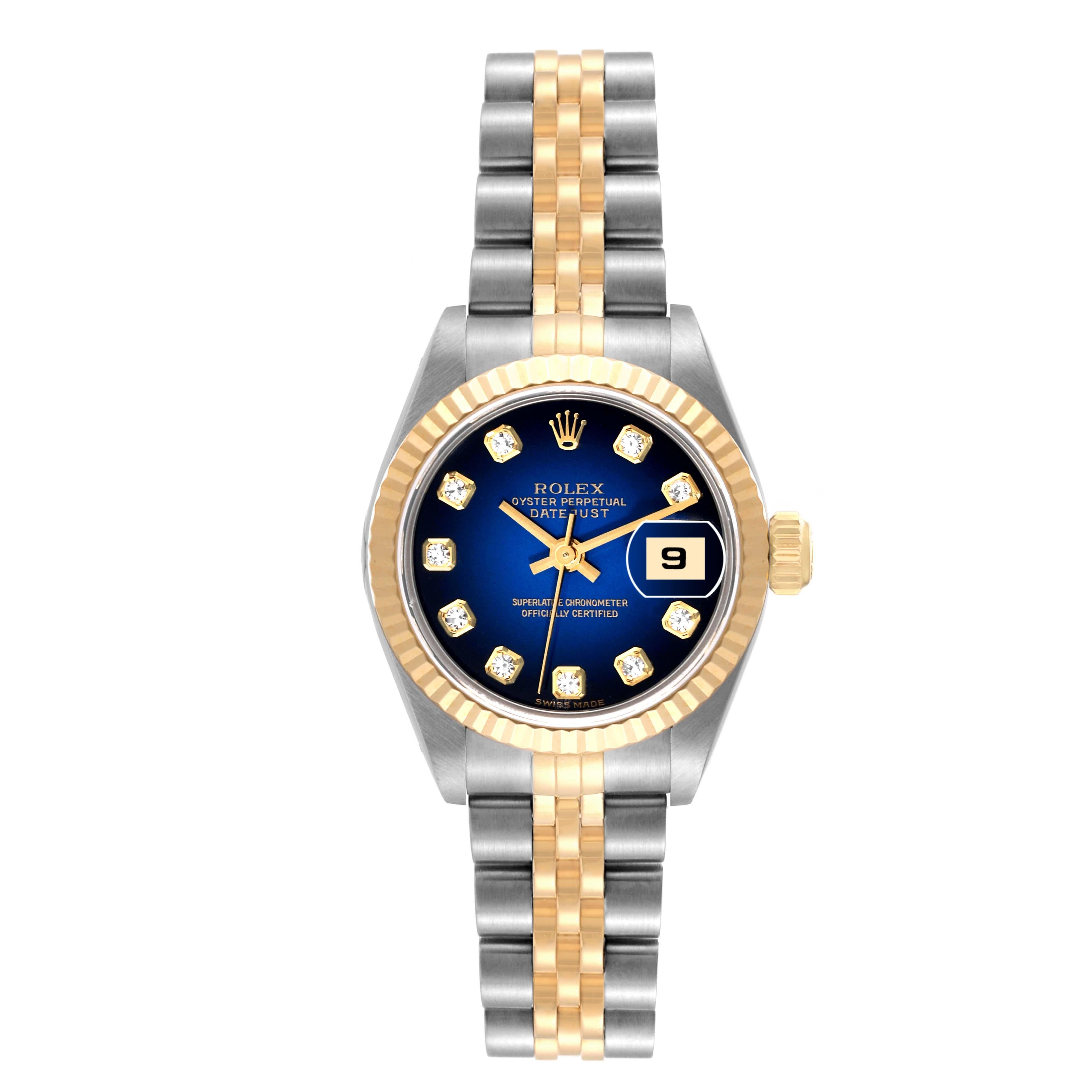 Rolex Datejust Steel Yellow Gold Blue Vignette Diamond Dial Ladies Watch 79173. Officially certified chronometer automatic self-winding movement. Stainless steel oyster case 26.0 mm in diameter. Rolex logo on an 18K yellow gold crown. 18k yellow