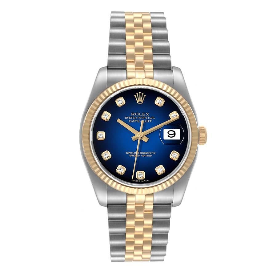 Rolex Datejust Steel Yellow Gold Blue Vignette Diamond Dial Mens Watch 116233. Officially certified chronometer automatic self-winding movement. Stainless steel case 36.0 mm in diameter. Rolex logo on a crown. 18k yellow gold fluted bezel. Scratch