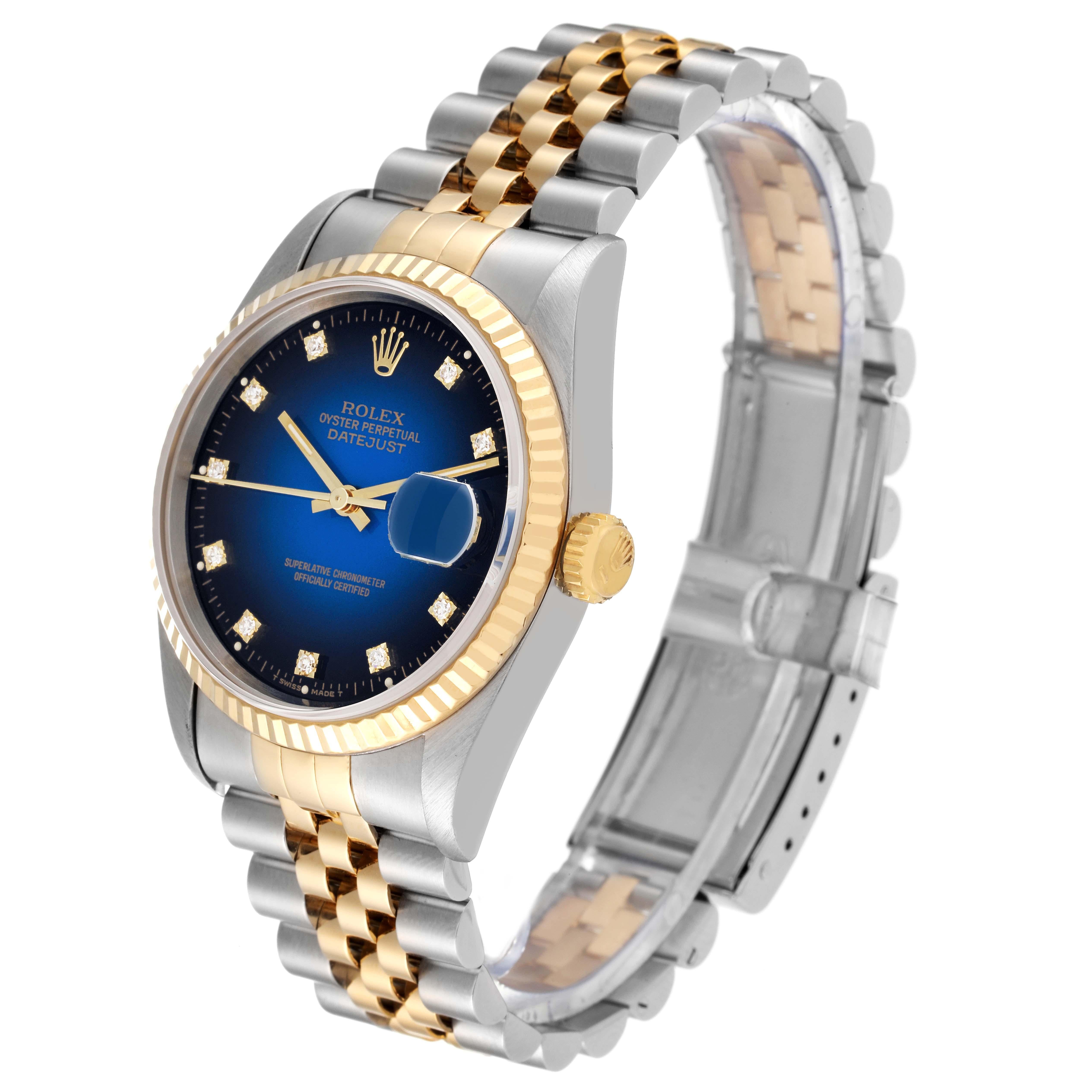 Rolex Datejust Steel Yellow Gold Blue Vignette Diamond Dial Mens Watch 16233 In Excellent Condition In Atlanta, GA