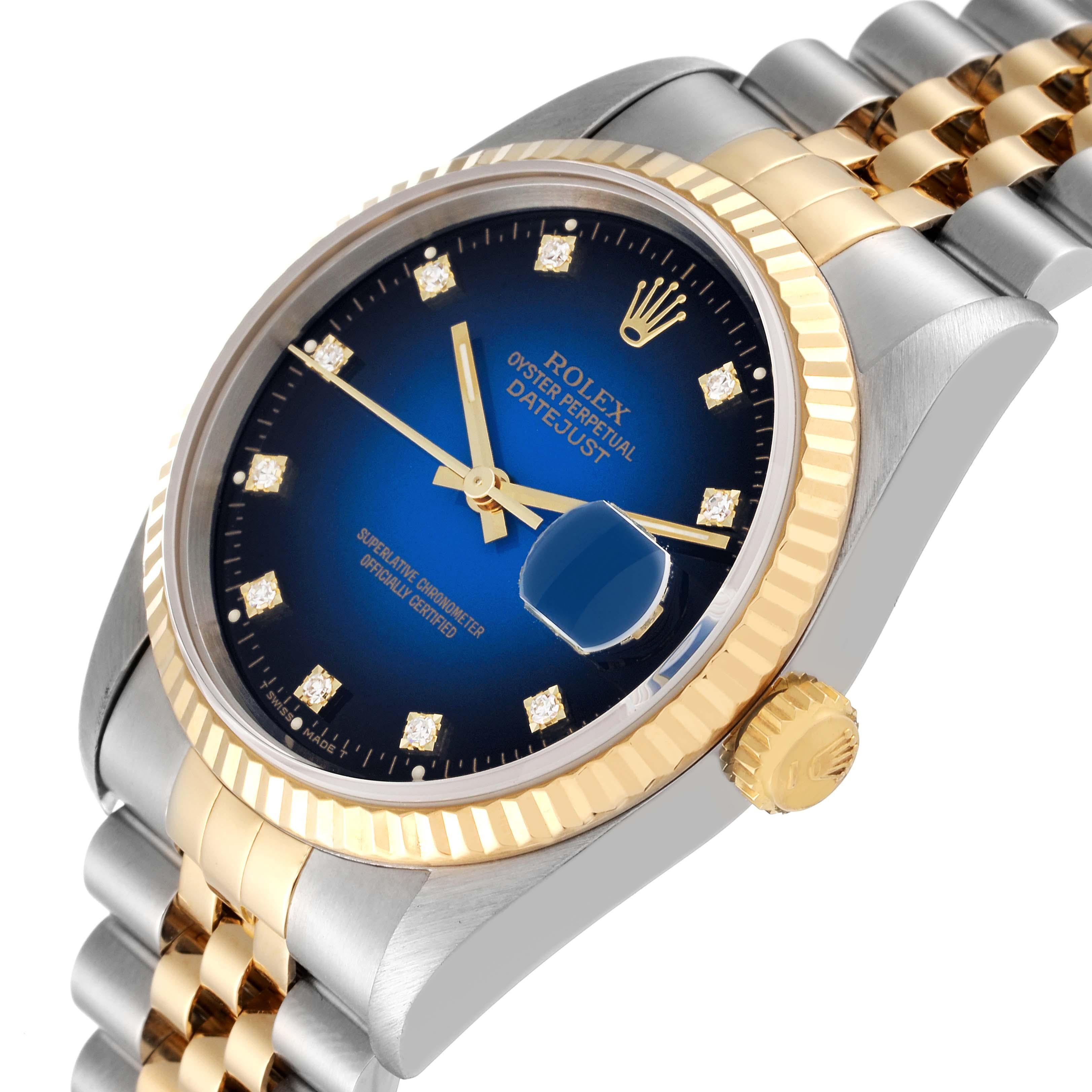 Men's Rolex Datejust Steel Yellow Gold Blue Vignette Diamond Dial Mens Watch 16233
