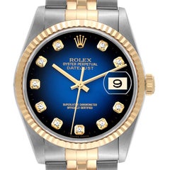 Rolex Datejust Acciaio Oro Giallo Blu Vignette Quadrante Diamante Orologio Uomo 16233