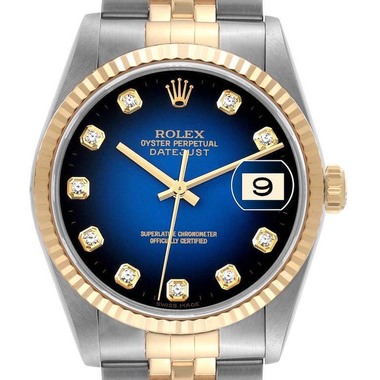 Rolex Datejust Steel Yellow Gold Blue Vignette Diamond Dial Mens Watch  16233 For Sale at 1stDibs