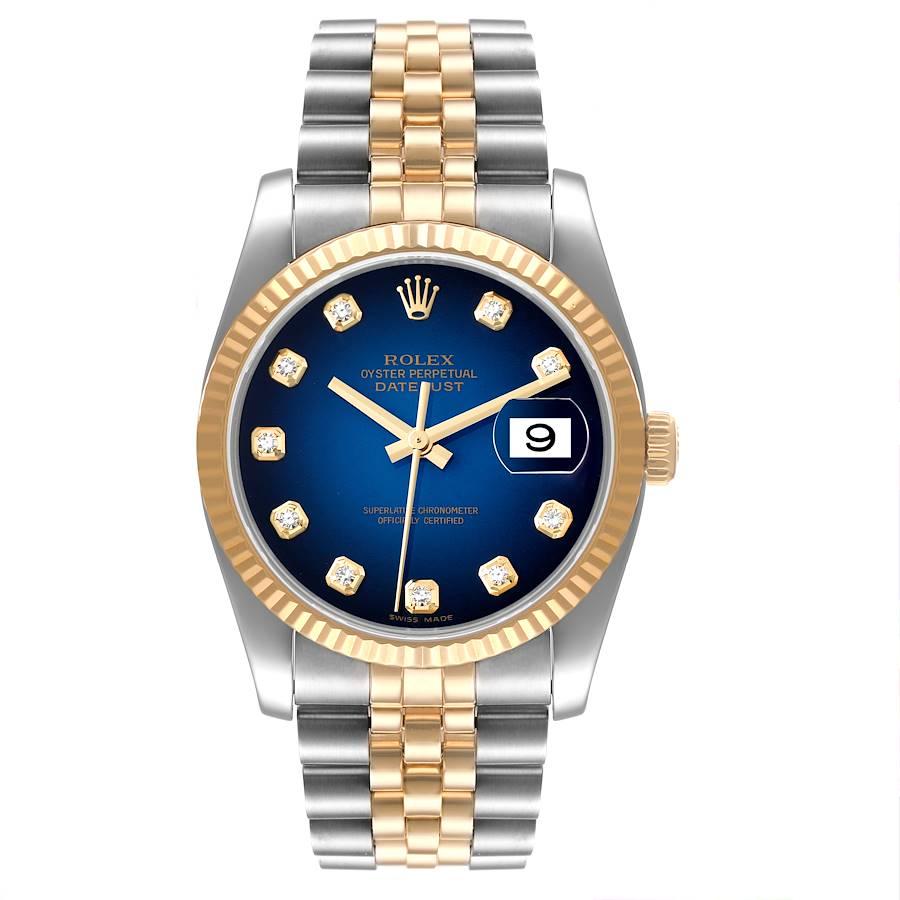 Rolex Datejust Steel Yellow Gold Blue Vignette Diamond Dial Watch 116233. Officially certified chronometer automatic self-winding movement. Stainless steel case 36.0 mm in diameter. Rolex logo on a crown. 18k yellow gold fluted bezel. Scratch