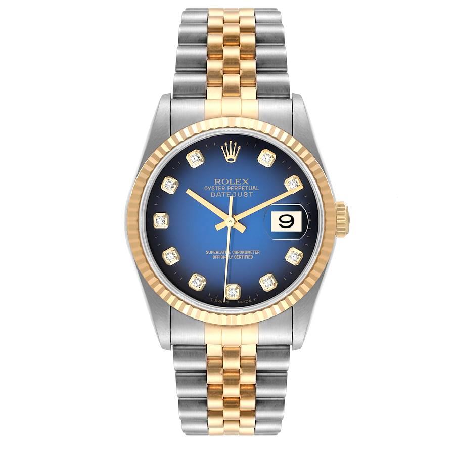Rolex Datejust Stahl Gelbgold Blau Vignette Diamond Dial Watch 16233. Offiziell zertifiziertes Chronometerwerk mit automatischem Aufzug. Gehäuse aus Edelstahl mit einem Durchmesser von 36.0 mm. Rolex-Logo auf einer Krone aus 18 Karat Gelbgold. 18k