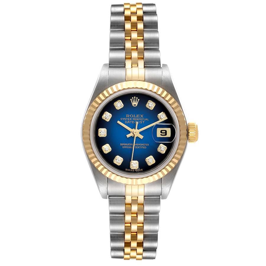 Rolex Datejust Steel Yellow Gold Blue Vignette Diamond Dial Watch 79173. Officially certified chronometer self-winding movement. Stainless steel oyster case 26 mm in diameter. Rolex logo on a 18K yellow gold crown. 18k yellow gold fluted bezel.