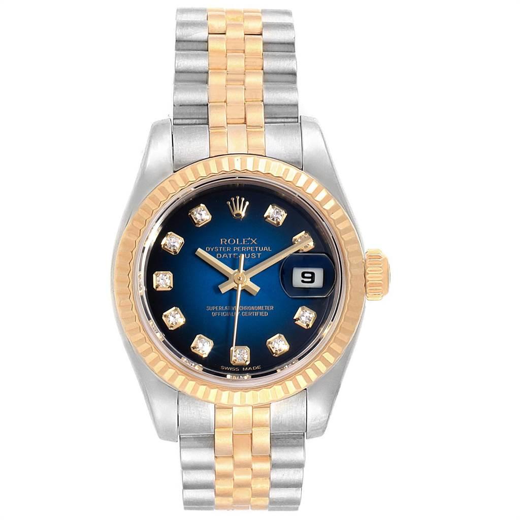 Rolex Datejust Steel Yellow Gold Blue Vignette Diamond Ladies Watch 179173 In Excellent Condition For Sale In Atlanta, GA