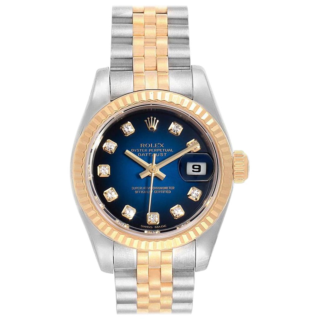 Rolex Datejust Steel Yellow Gold Blue Vignette Diamond Ladies Watch 179173 For Sale