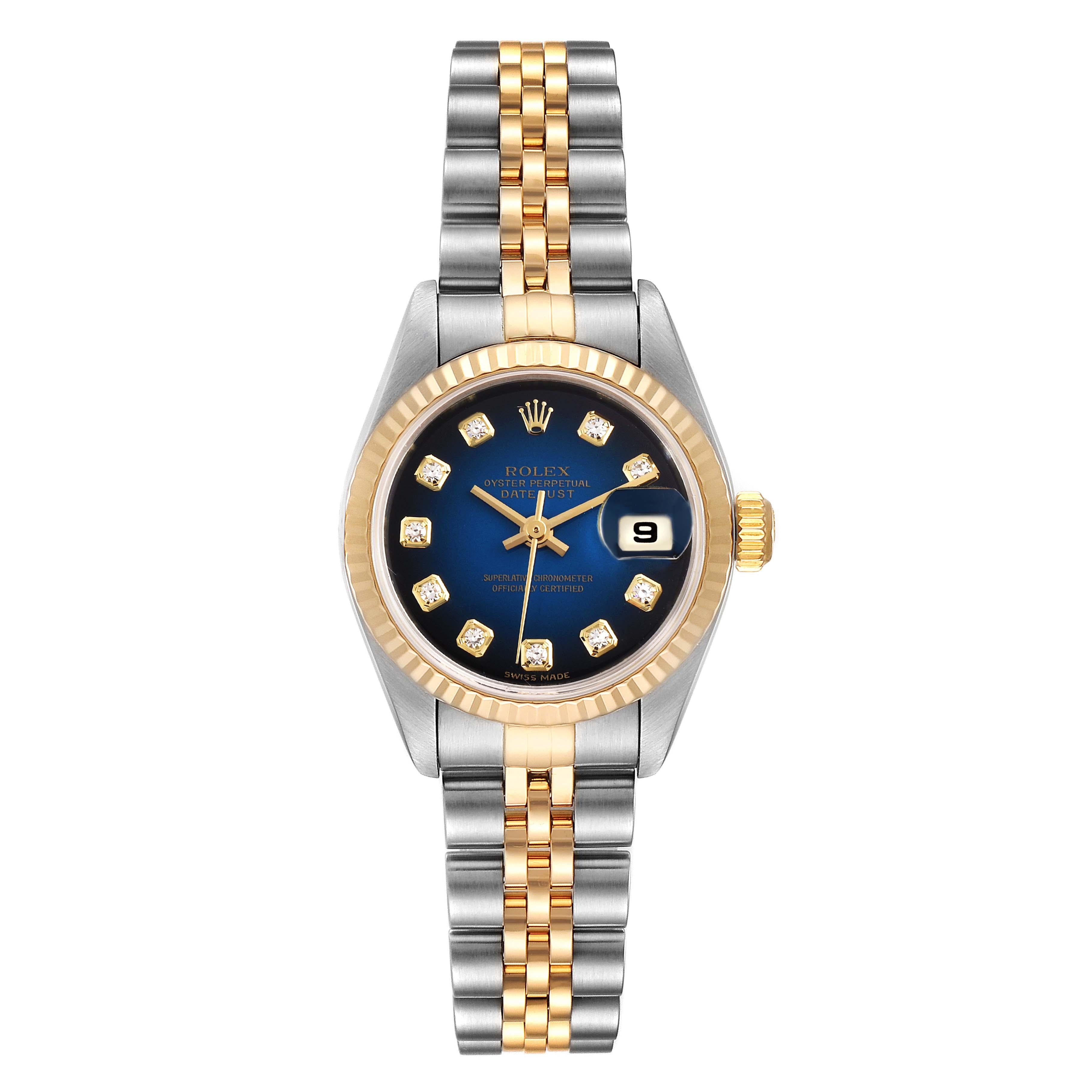 Rolex Datejust Steel Yellow Gold Blue Vignette Diamond Ladies Watch 79173. Officially certified chronometer self-winding movement. Stainless steel oyster case 26.0 mm in diameter. Rolex logo on a 18K yellow gold crown. 18k yellow gold fluted bezel.