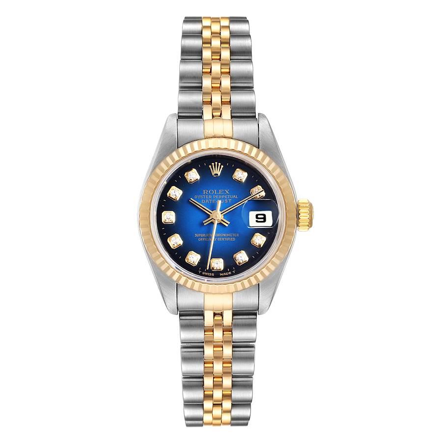 Rolex Datejust Steel Yellow Gold Blue Vignette Diamond Ladies Watch 79173. Officially certified chronometer self-winding movement. Stainless steel oyster case 26.0 mm in diameter. Rolex logo on a 18K yellow gold crown. 18k yellow gold fluted bezel.