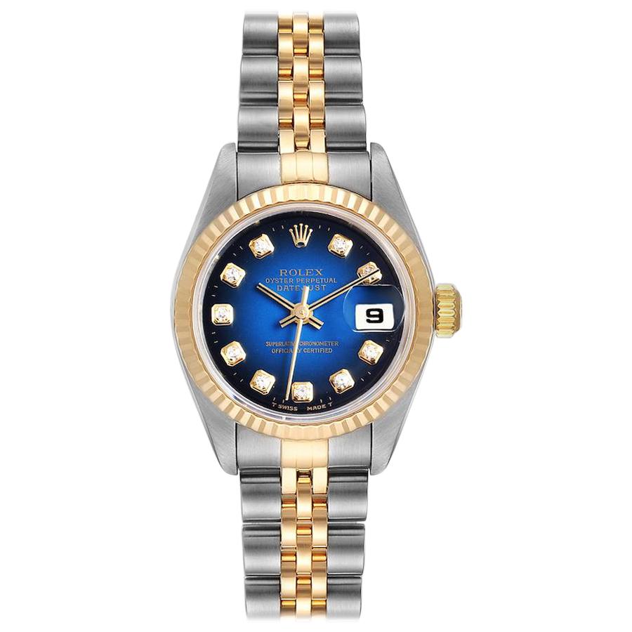 Rolex Datejust Steel Yellow Gold Blue Vignette Diamond Ladies Watch 79173