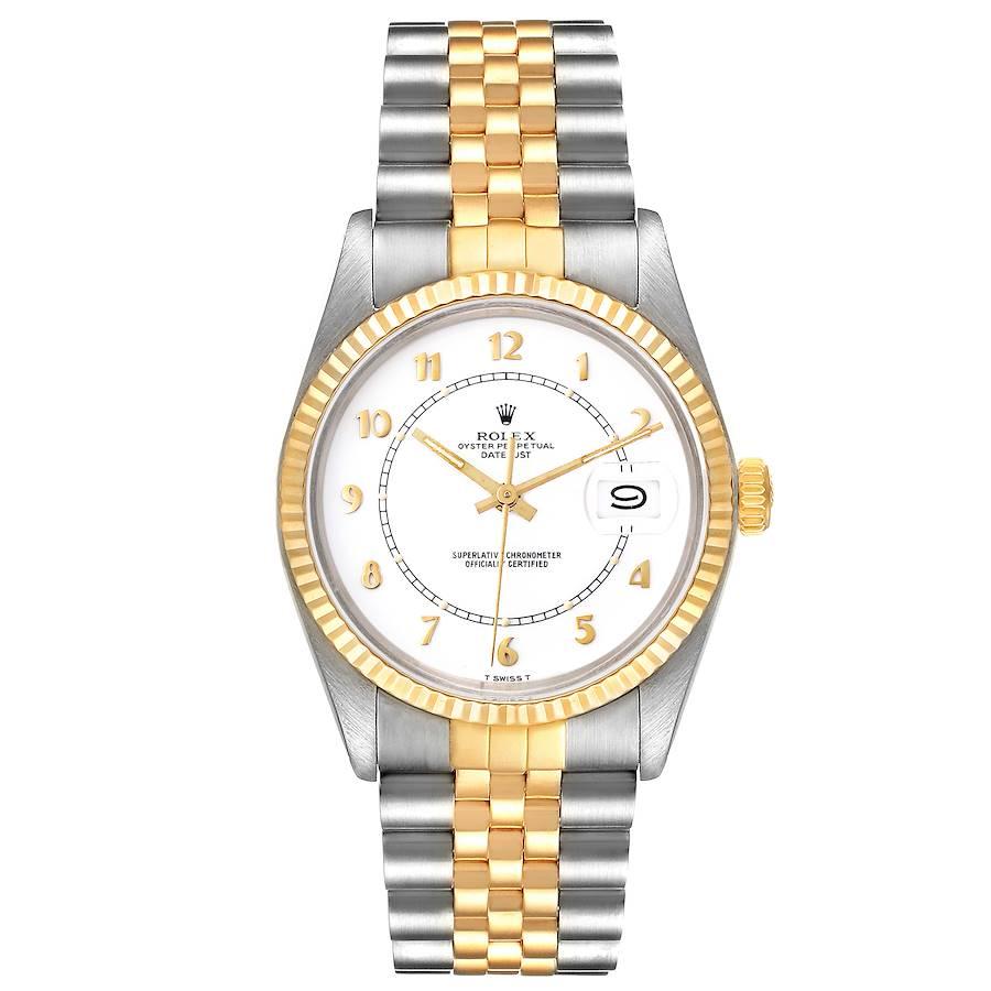 Rolex Datejust Steel Yellow Gold Boiler Gauge Dial Vintage Mens Watch 16013. Officially certified chronometer automatic self-winding movement. Stainless steel oyster case 36.0 mm in diameter. Rolex logo on the crown. 18k yellow gold fluted bezel.
